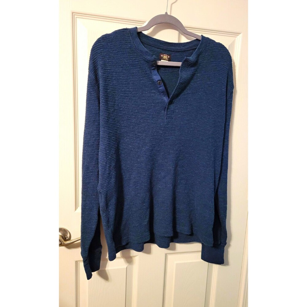 RRL Ralph Lauren Indigo Waffle Knit Henley Shirt Blue Thermal Men’s Large L